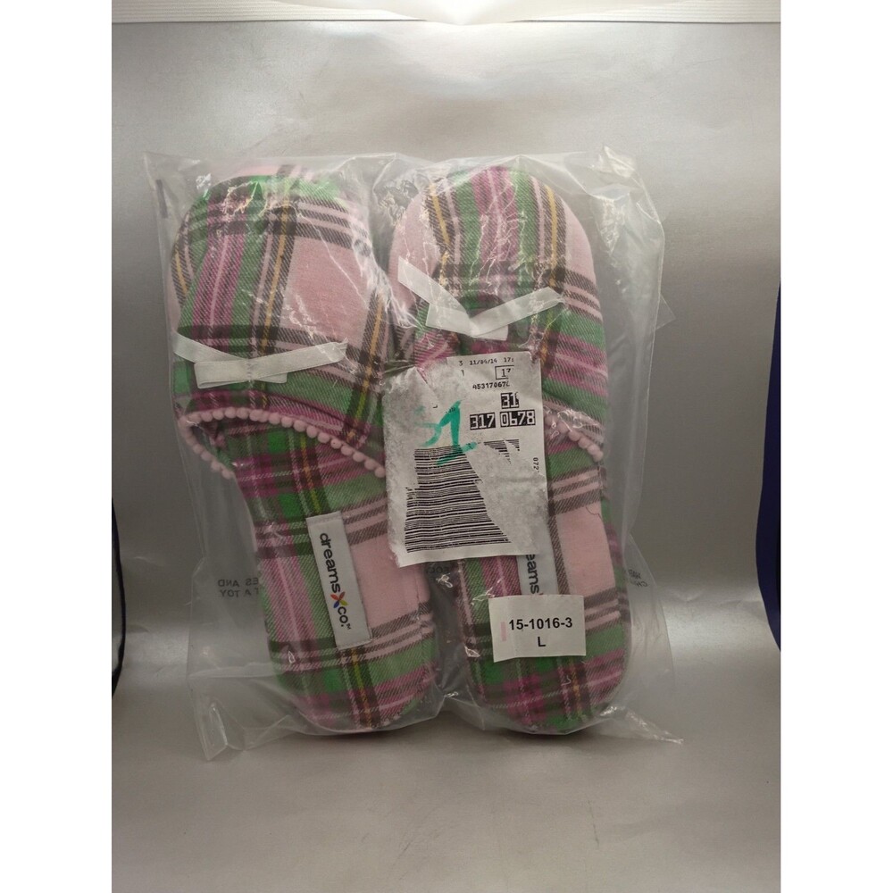 Dreams & Co. Flannel Slippers in a pink plaid pattern size L MSRP 24.99 Nwt